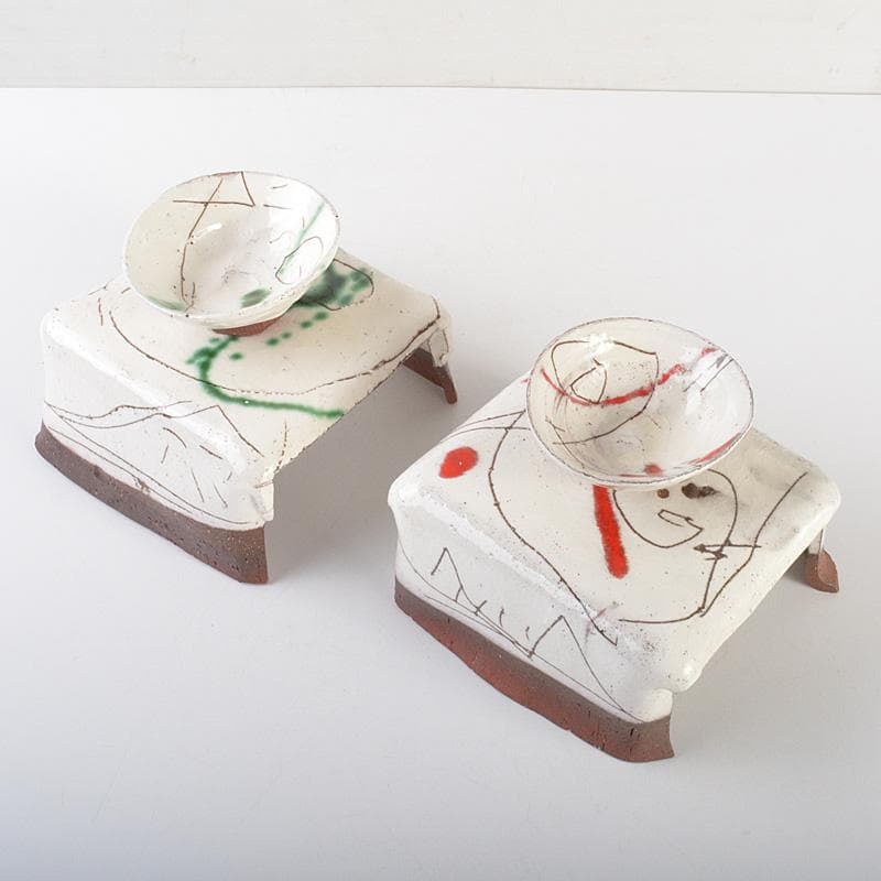 萬古焼　馬酔木窯　森正造　色絵　盃卓　一對　共箱　V　R7428