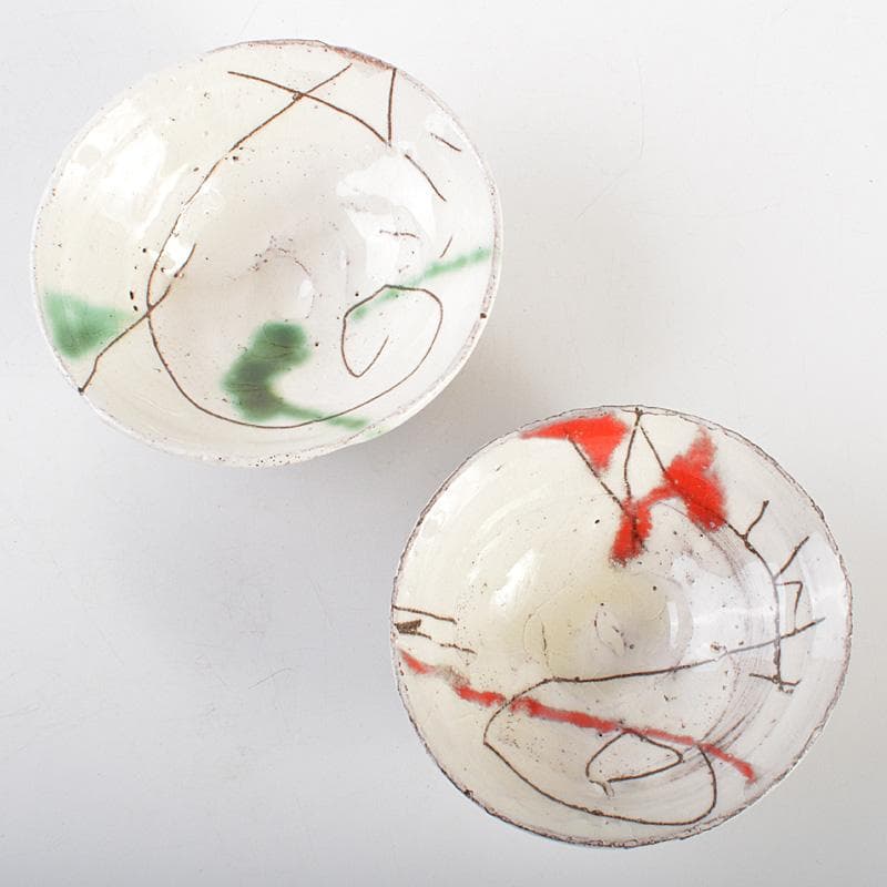 萬古焼　馬酔木窯　森正造　色絵　盃卓　一對　共箱　V　R7428