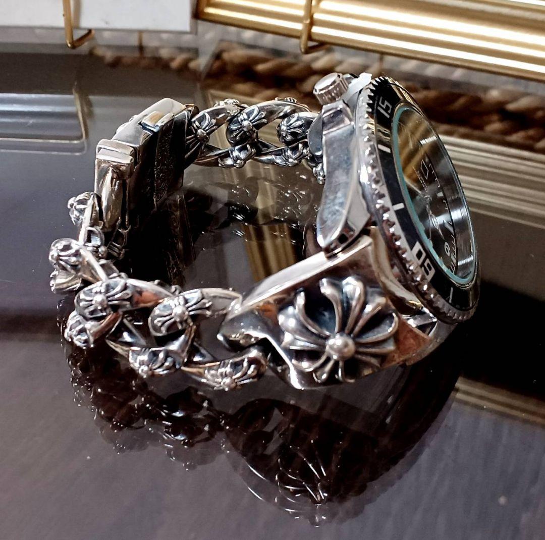 ZHOWE 黒サブ系 プラスクロス IDブレスレット 腕時計 チェーンブレス