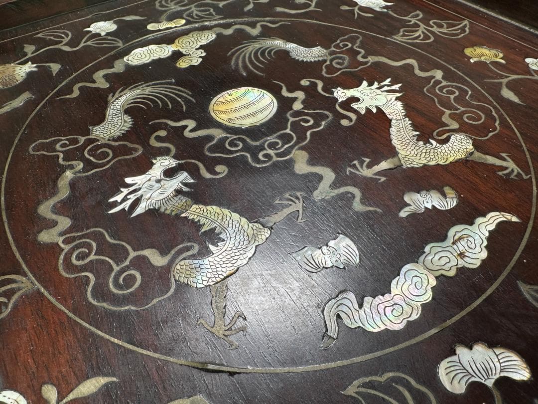 中国美術　清時代 花梨木　螺鈿嵌　双龍文　茶盤　引き出し付　書斎道具　李朝螺鈿