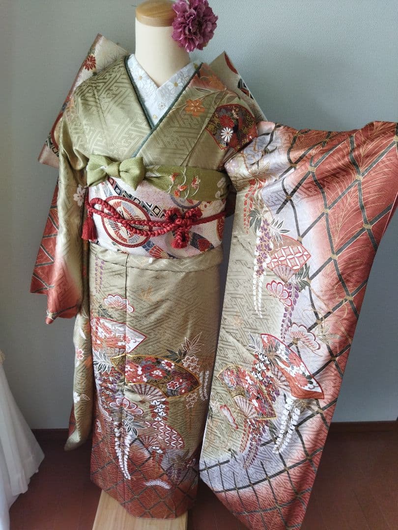 419.ゆったりめの振袖7点セット 正絹 フルセット 成人式 やまと誂製