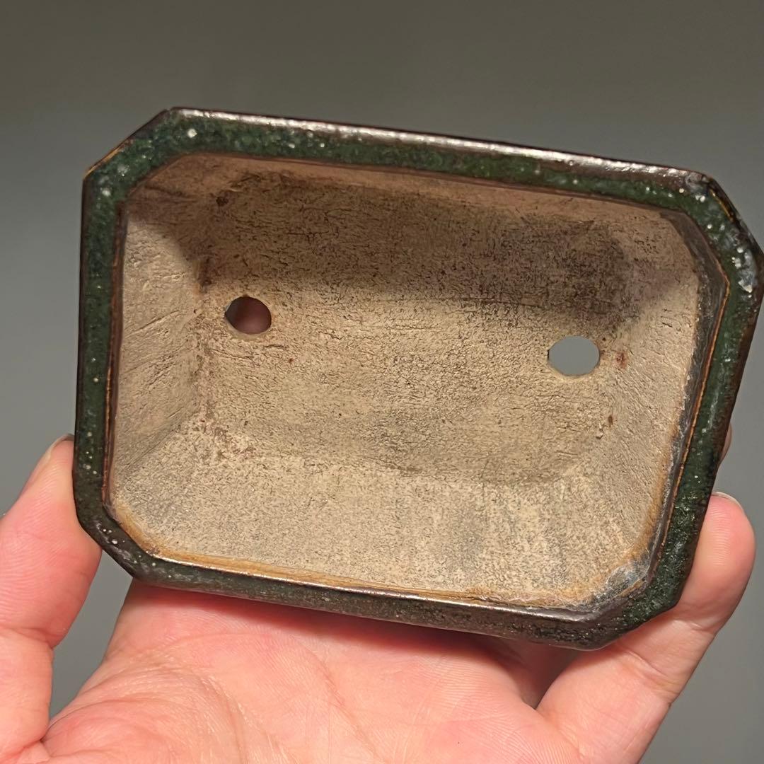 802.夢陶 緑釉额入切角長方 盆栽鉢 植木鉢 9.5*