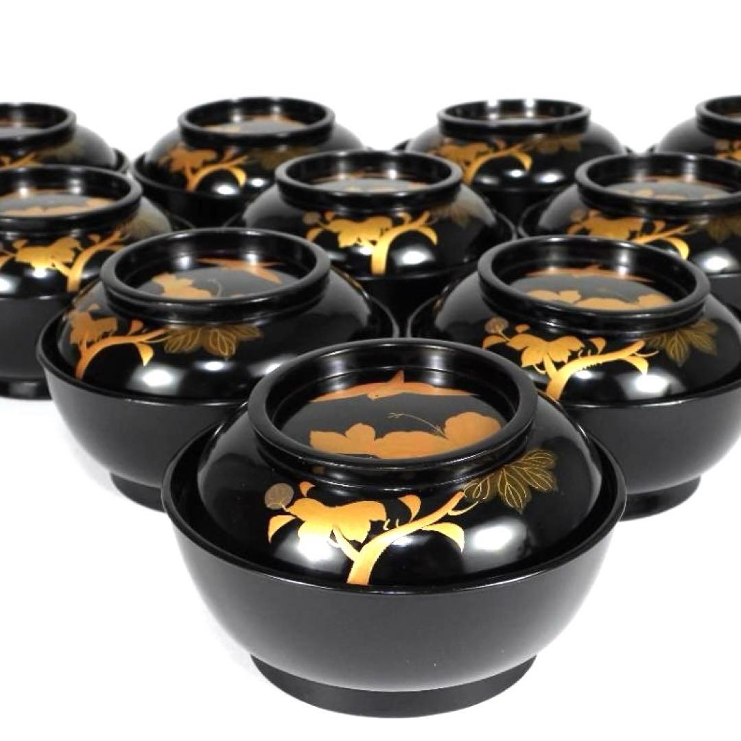 輪島塗 花鳥紋 金蒔絵 吸物椀 10客 蓋碗 漆芸 漆器 共箱