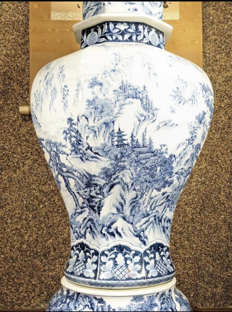 未使用　有田焼　沈香壺　染付　神右衛門作　総手描　特大八角壺　山水絵 三段飾り壷