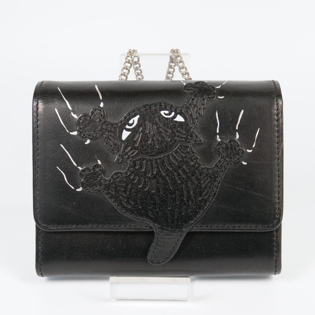良品✨ わちふぃーるど ダヤン 本革 二つ折り財布 ブラック 刺繍 チェーン付