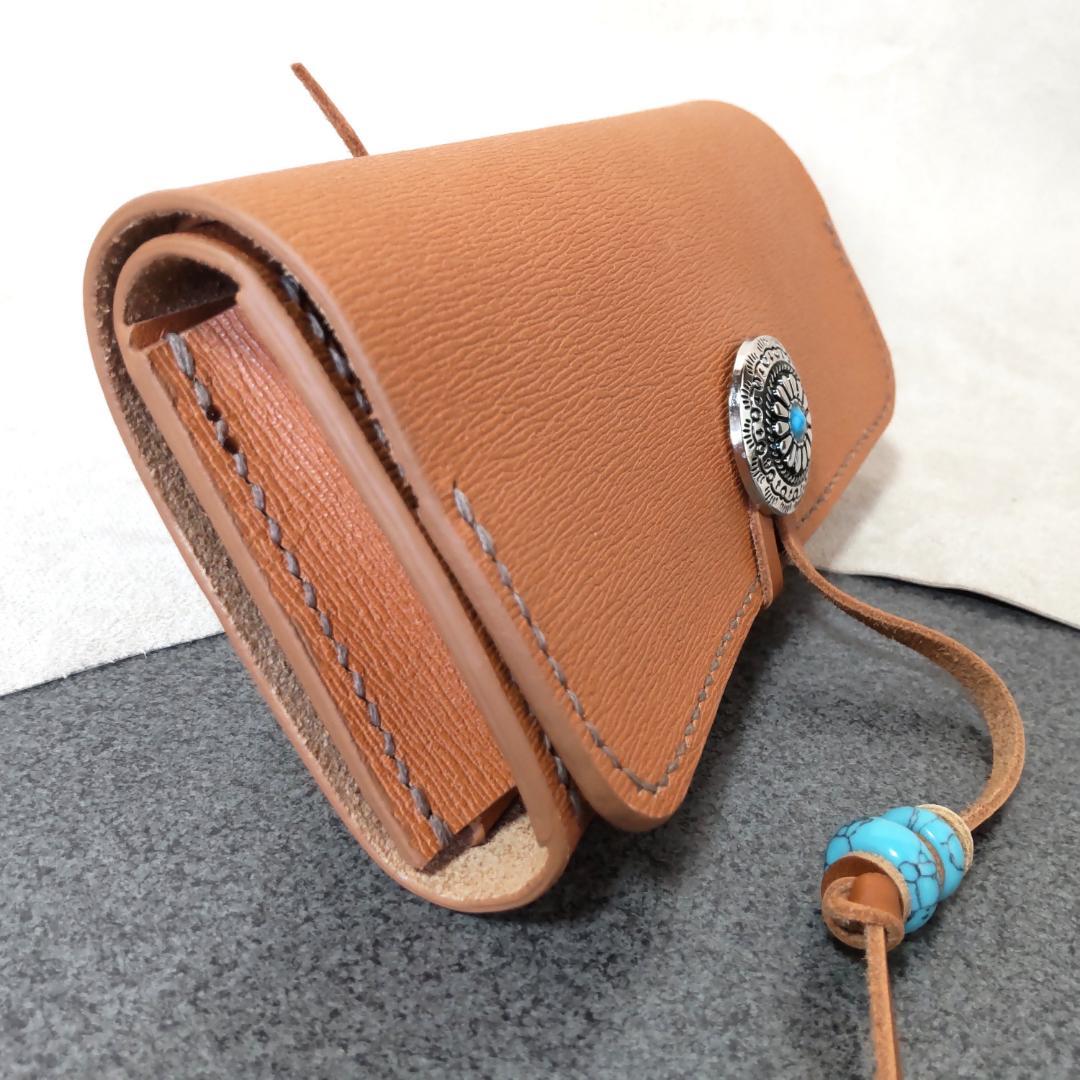 三つ折りシャグポーチ牛革（ペールオレンジ） コンチョ紐止め【T-04】