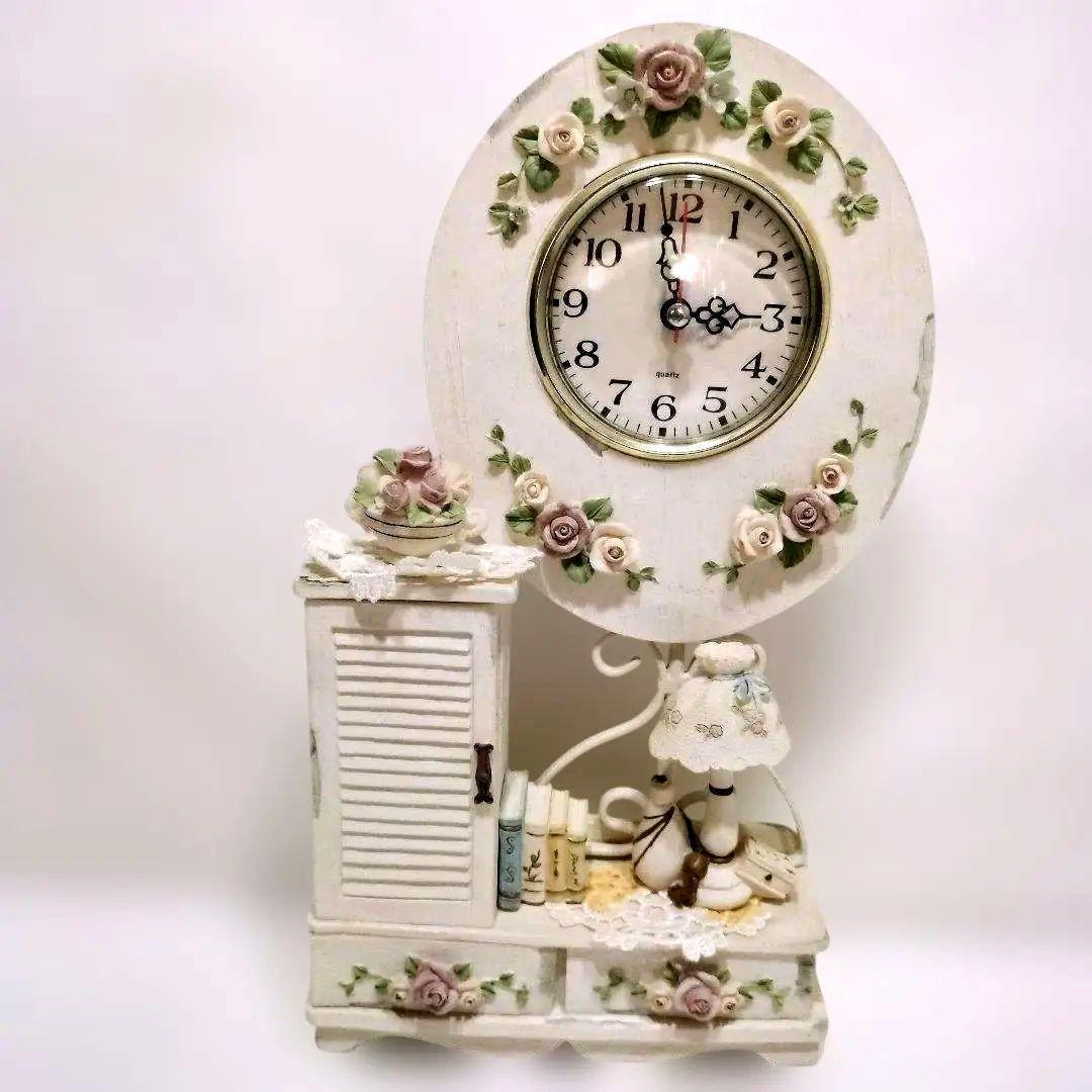 置き時計 薔薇 姫系 ロココ調 陶器 置物 オブジェ お姫様 インテリア