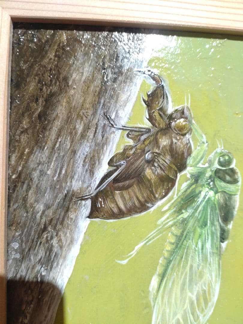 セミの油絵【羽化】作者サイン入り◇F0号サイズ◇額縁付属