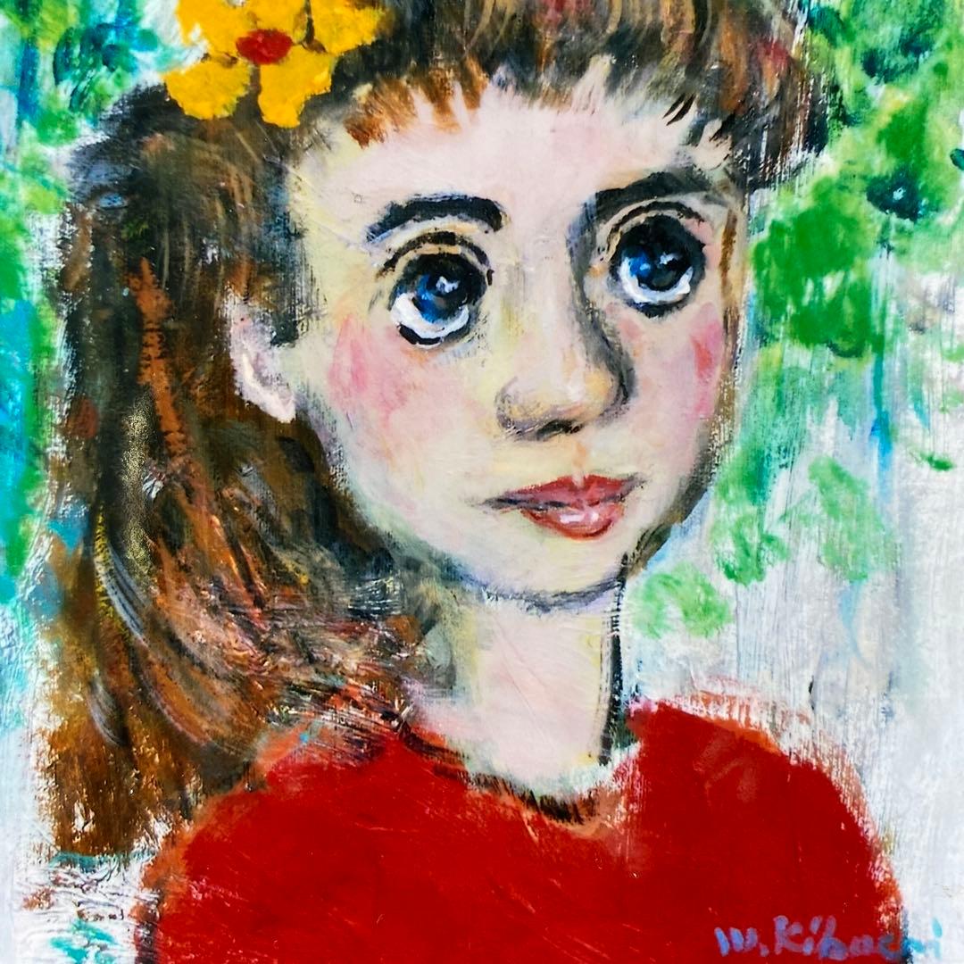 絵画　油絵　油彩画　菊地正則　F3号　「花リボンの少女」原画　美品　額付き 絵画 油絵 油彩画 菊地正則 F3号 「花リボンの少女」原画 美品 額付き