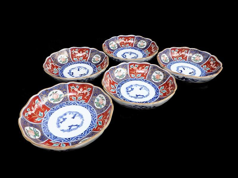 古伊万里　色絵　桃に花の図　膾皿　５客　N1556AS-CAw