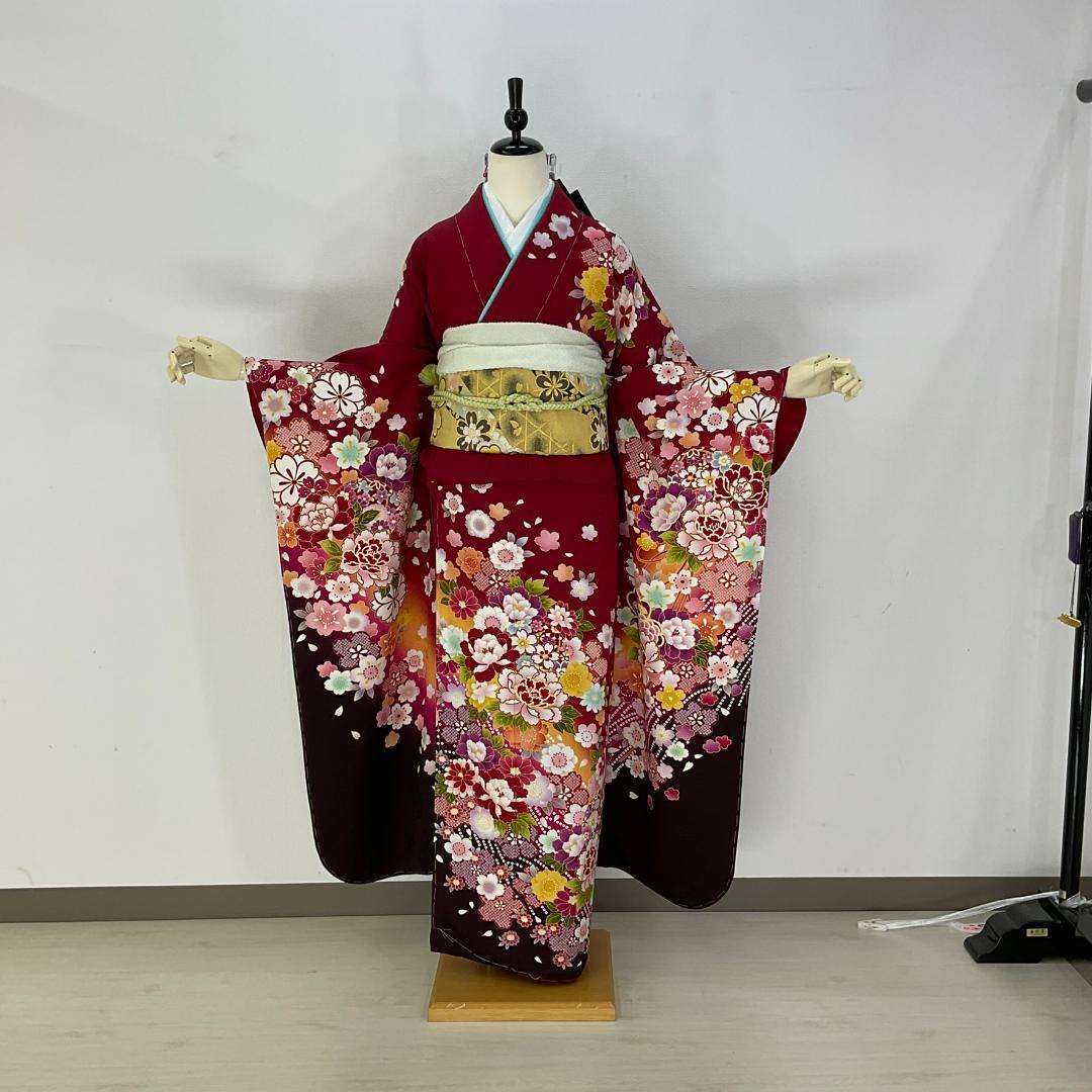 美品正絹お振袖7点フルセットM～Lサイズ赤×オレンジ】