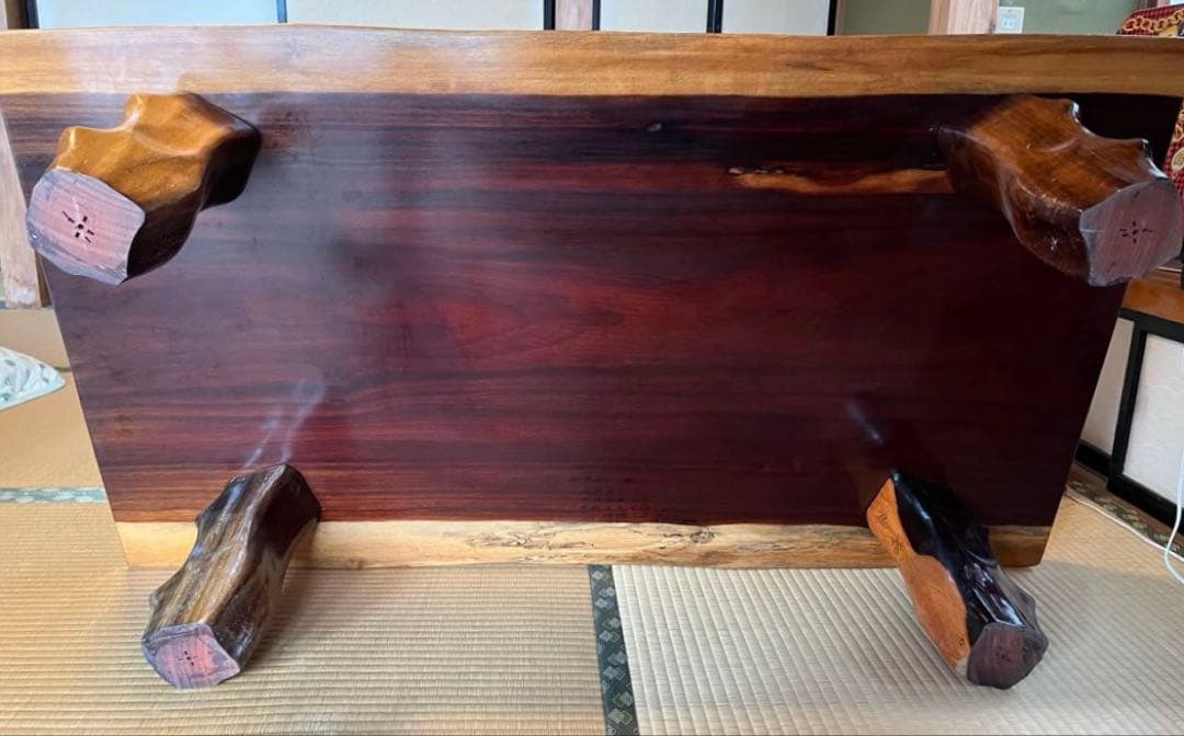 カリン材　花梨　一枚板　和テーブル　塗装済　脚取り外し可　送料込み