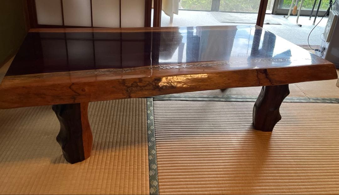 カリン材　花梨　一枚板　和テーブル　塗装済　脚取り外し可　送料込み