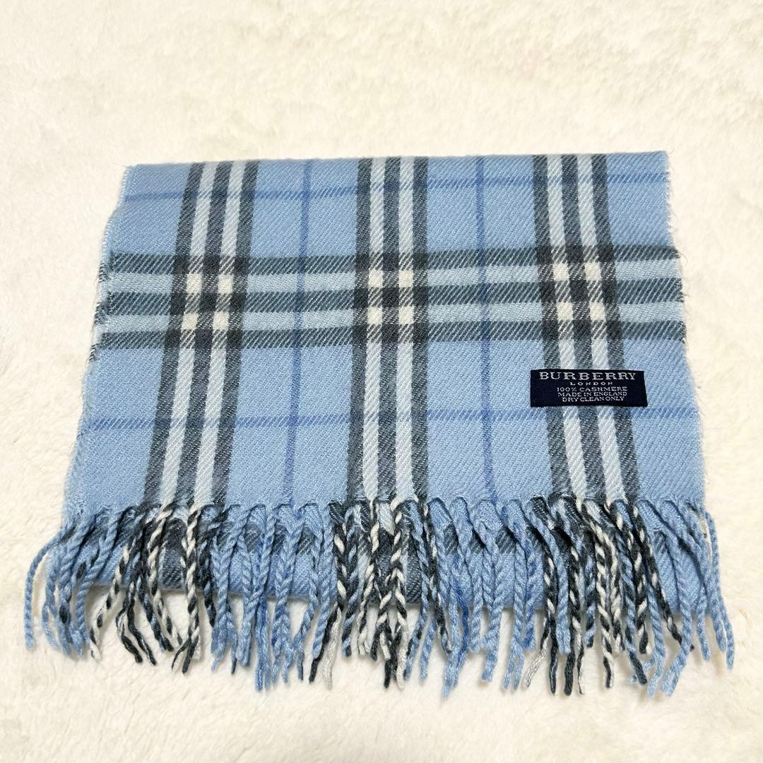 バーバリーロンドン マフラー ノバチェック カシミヤ100% ブルー 水色