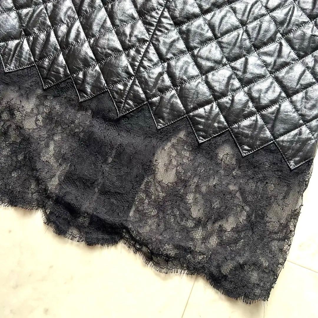 CHANEL 本革レザー マトラッセ 裾レース スカート ブラック 38