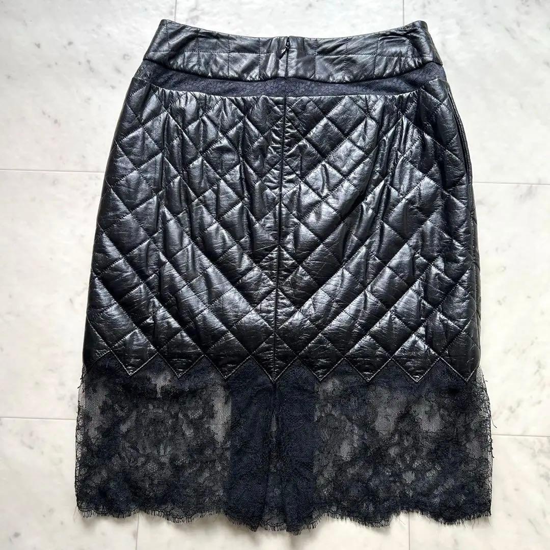 CHANEL 本革レザー マトラッセ 裾レース スカート ブラック 38