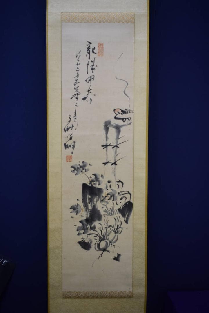 真作/明治の女流南画家/奥原晴湖/花に香画賛/布袋屋掛軸HG-644