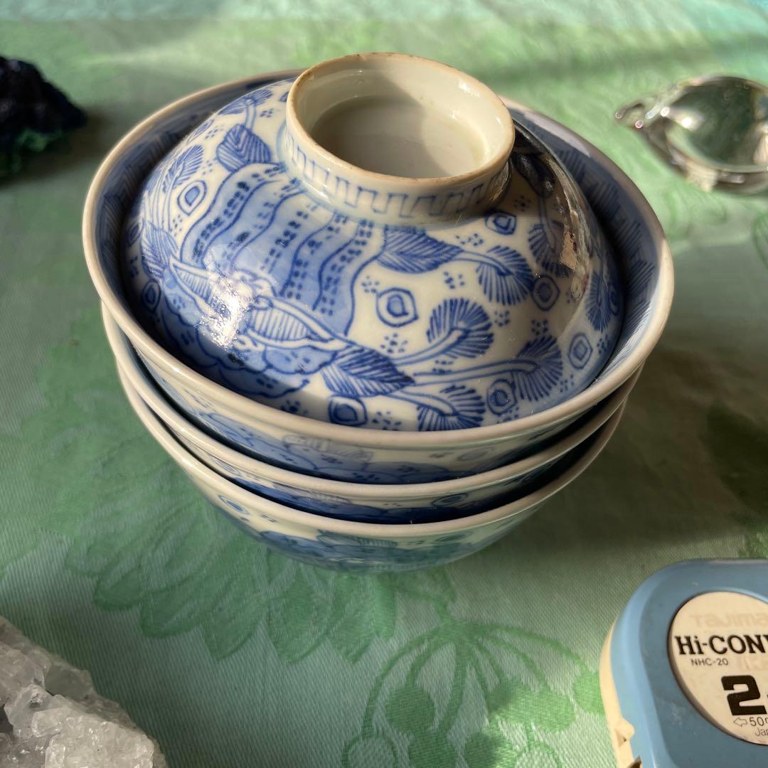 江戸時代 古伊万里 染付 孔雀 蓋付ご飯茶碗 3客