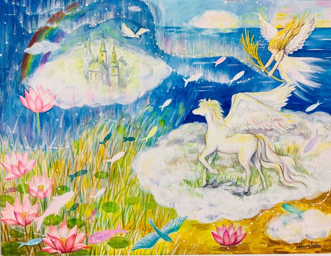 想いのまま創る、喜びの導き】絵画 ,空,宇宙,ペガサス,天使,angel,精霊