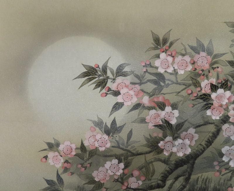 掛軸　　岡本紫洸　『春宴』　大幅　共箱　二重箱　美品　【桜　月】