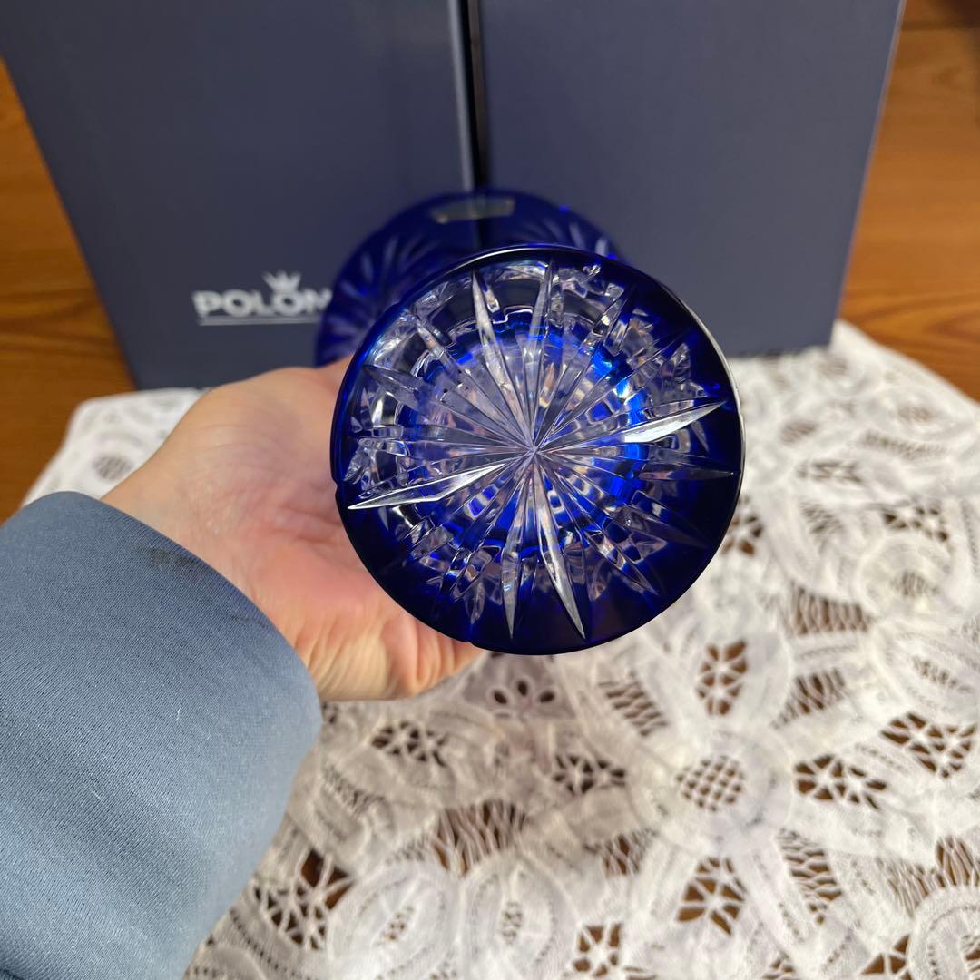 POLONIA カットガラス 花瓶 青 箱つき - メルカリ