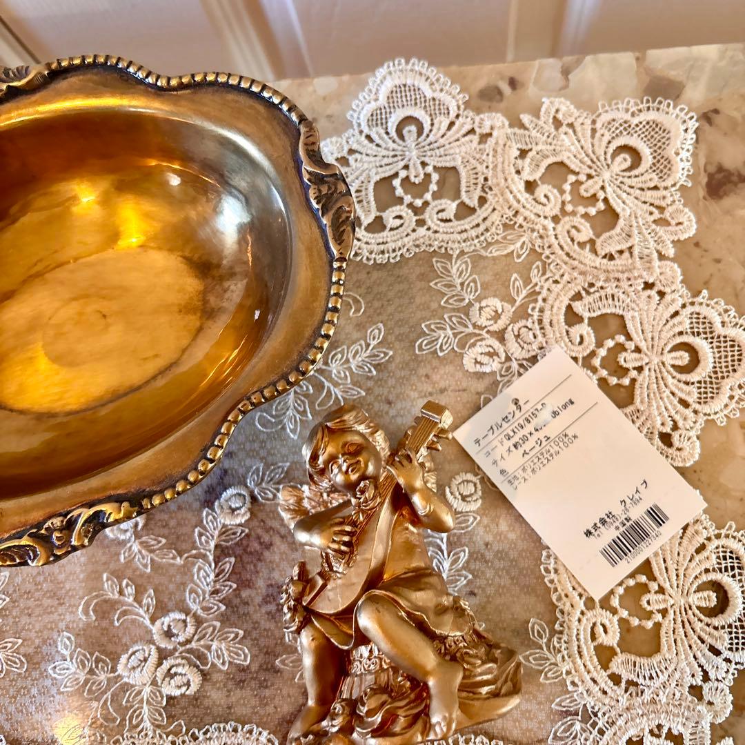 イタリア製 大理石 猫足コンソールテーブル、天使置物、真鍮コンポート