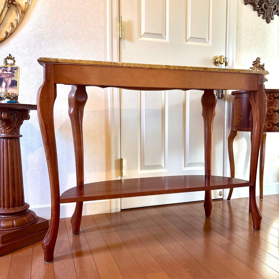 イタリア製 大理石 猫足コンソールテーブル、天使置物、真鍮コンポート