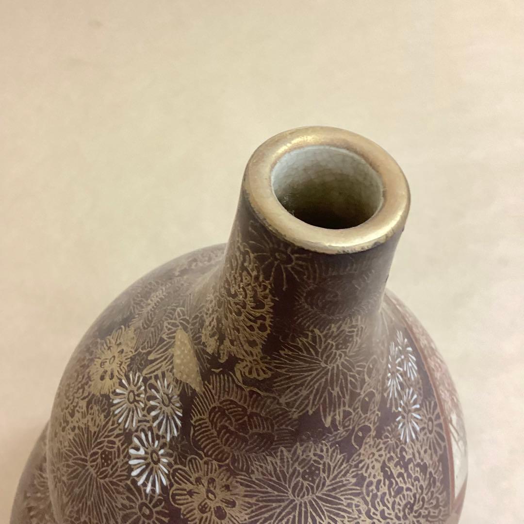 薩摩焼 連山 瓢箪型 金蘭手花尽文扇面花鳥風景図 飾り壺 高