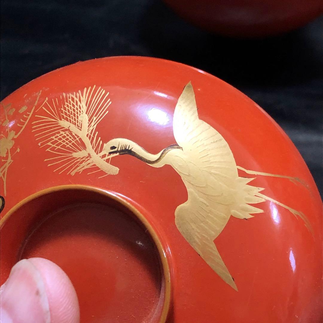 古美術品◆蔵から縁起の良い3羽の鶴が松、竹、梅の華を咥えて優雅に飛ぶ漆塗りのお椀