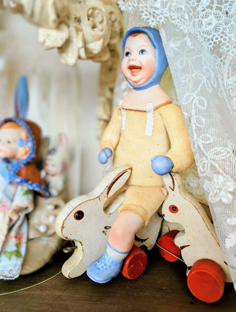 フランスアンティークうさぎの木製プルトイ✩ドイツヴィンテージビスク