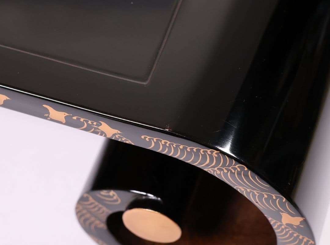 漆芸 紅葉桜 波千鳥 蒔絵 巻足 平卓 花台 黒塗 梨地 木製 楓【MA939】