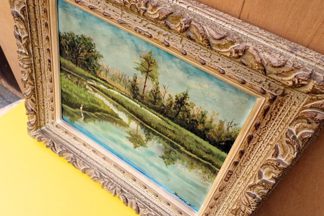 Mariani W サイン入り 油彩 風景画 水辺の森 額装付き ヨーロッパ風景