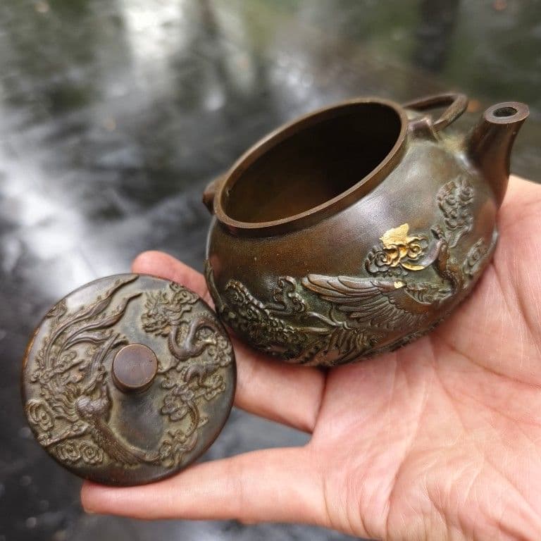 銅器 提梁壺 点金龍鳳徳利 茶壺 茶道具 装飾品 工芸品 美術品 置物