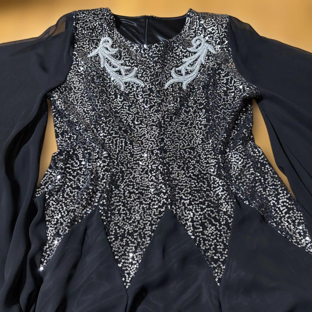 スパンコール刺繍付き ブラック ロングドレス カラオケ衣装 シフォン生地