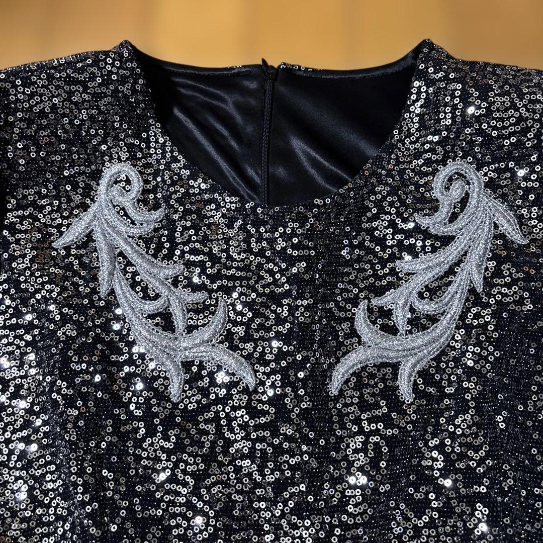 スパンコール刺繍付き ブラック ロングドレス カラオケ衣装 シフォン生地