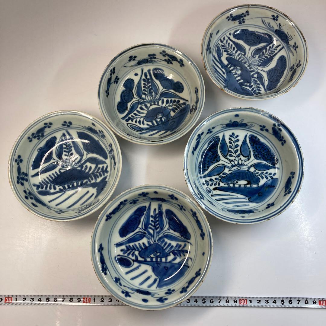 専用中国明時代　古染付向付5客　直径約14.5㎝　東Y6-0129☆2Fトトオカ