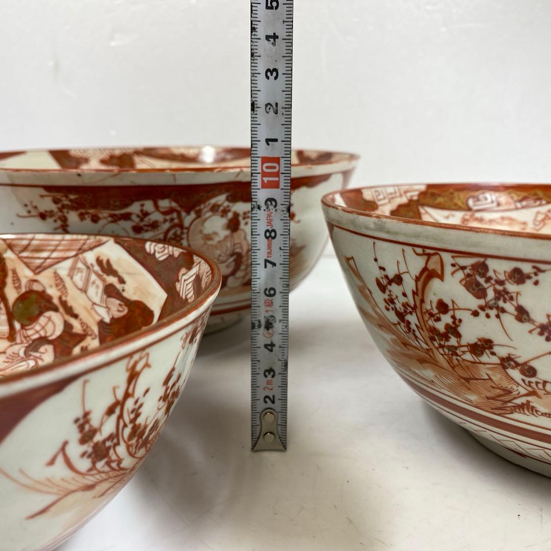 明治初期 九谷焼赤絵三ツ鉢 木箱付 東Y7-0404②トヒチサ