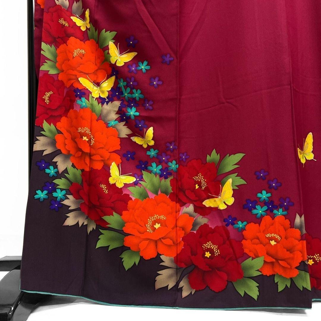 振袖金彩牡丹花模様蝶ワインレッド成人式 晴れの日 着物 052a p