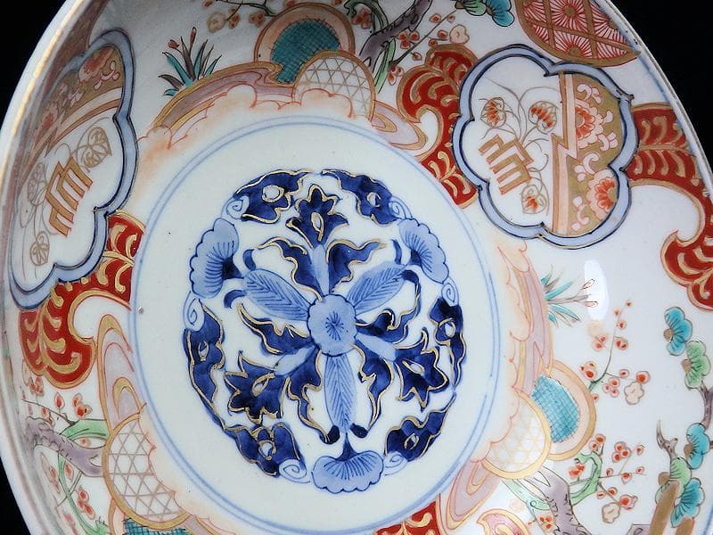 古伊万里 色絵 窓絵 双葉葵に源氏香 竹垣に松の図 深