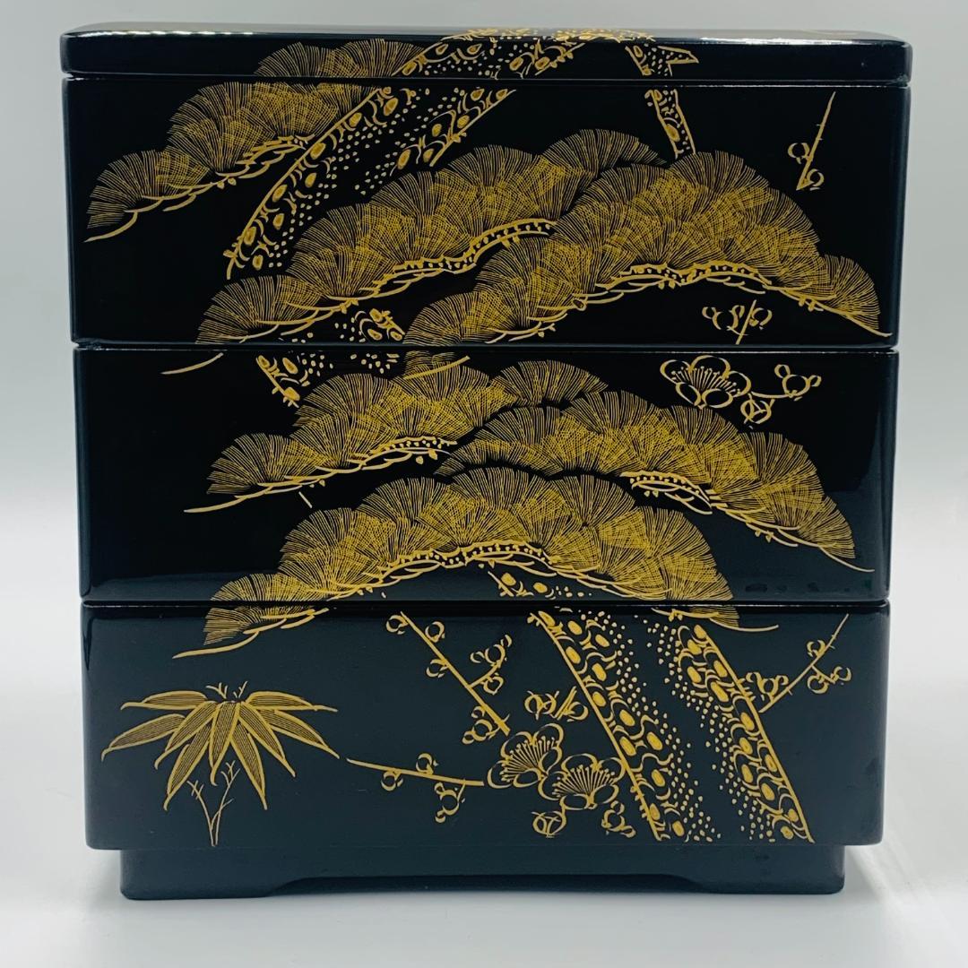 会津塗 三段重箱 沈金松竹梅 黒 木製 漆塗りお重箱 会津漆器 - メルカリ