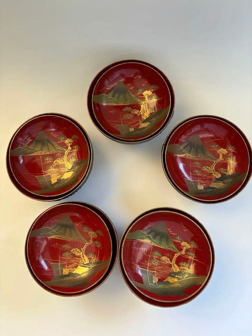 明治、大正期　会津塗　鉄錆塗　蒔絵　富士山　木製　蓋付き　お椀　梅鶯　内朱　5客