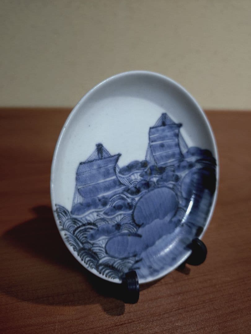 古伊万里 染付 青海波 帆船紋 豆皿 手塩皿