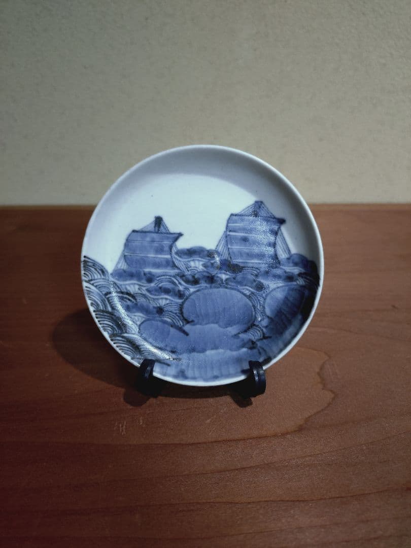 古伊万里 染付 青海波 帆船紋 豆皿 手塩皿