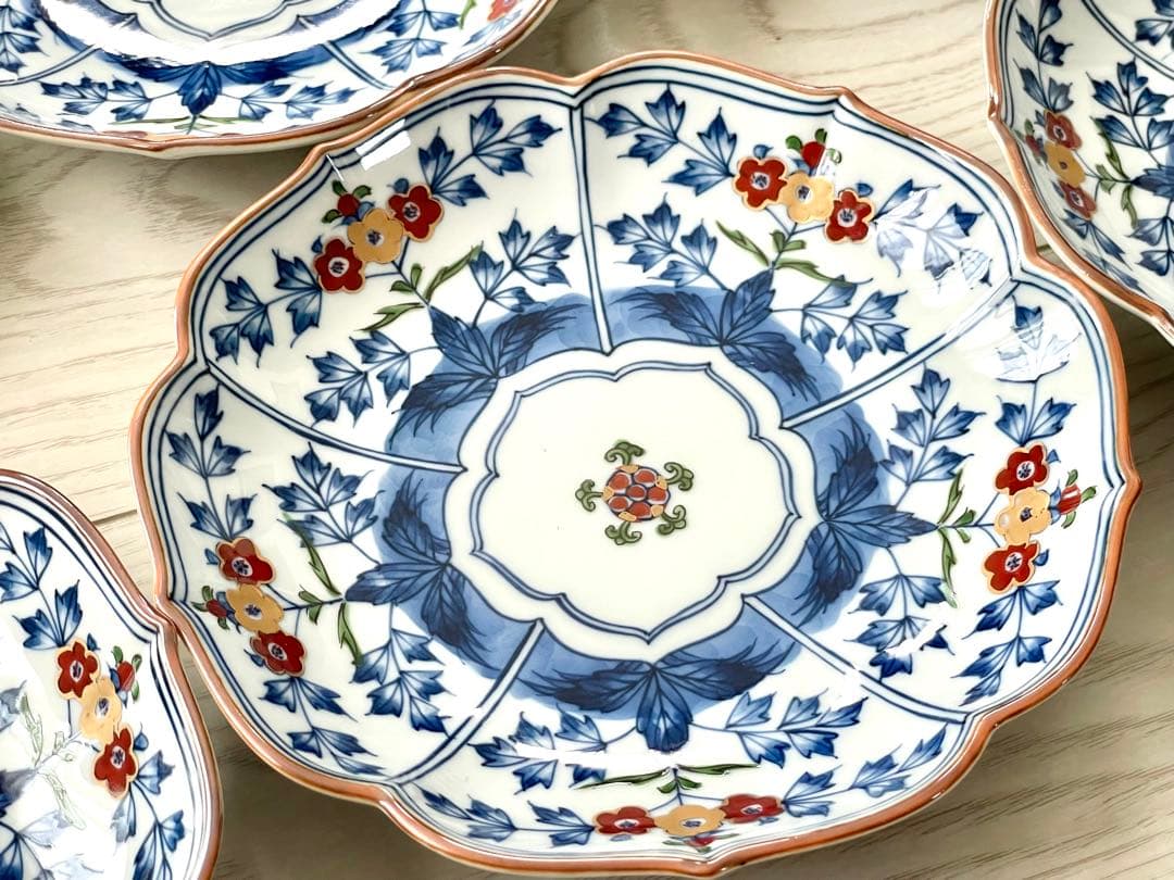 源右衛門 染錦草花文 和菓子皿 是米木窯 10客 染付 共