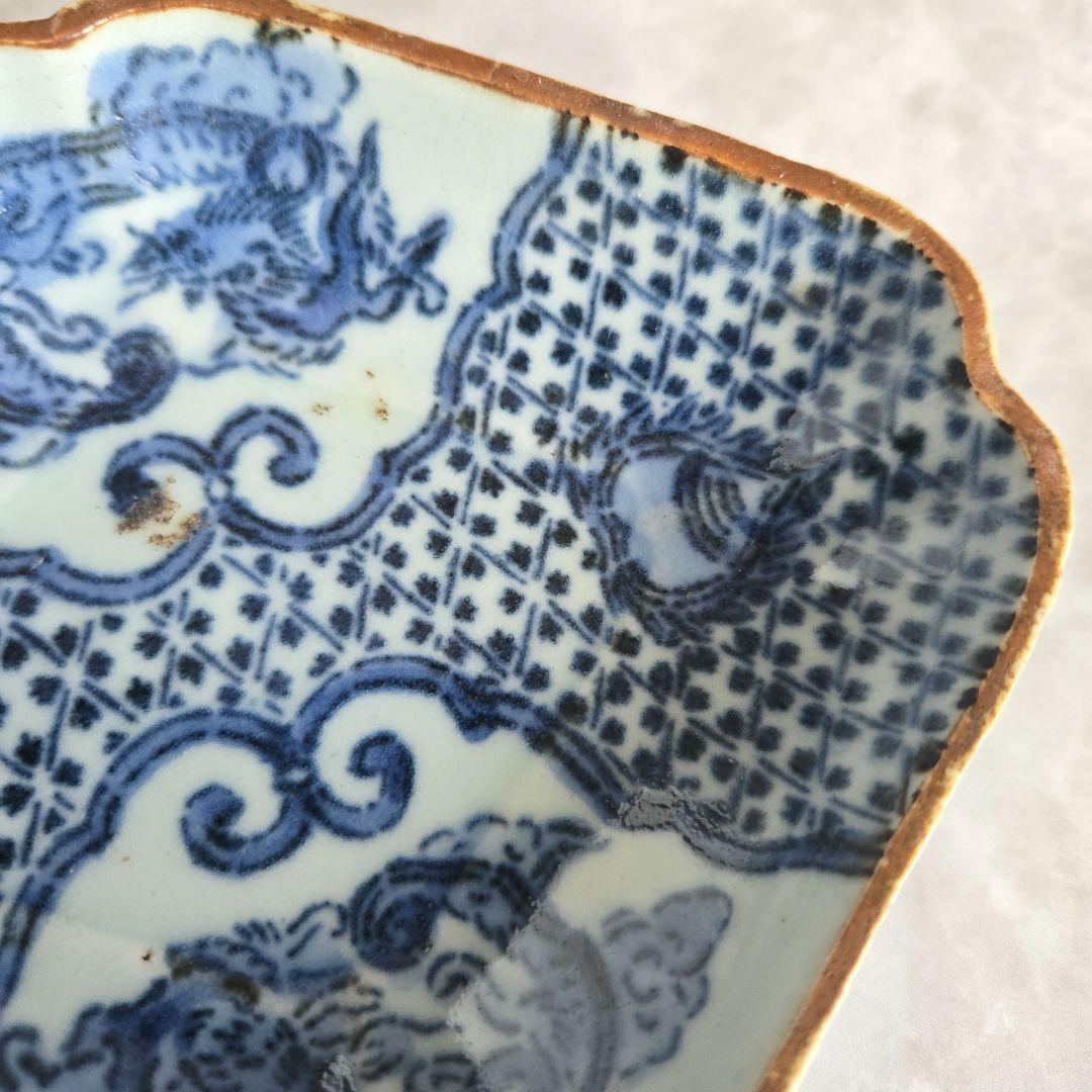 古伊万里　染付　変形皿　型紙摺　印判　龍　骨董　アンティーク　金直し　金継ぎ