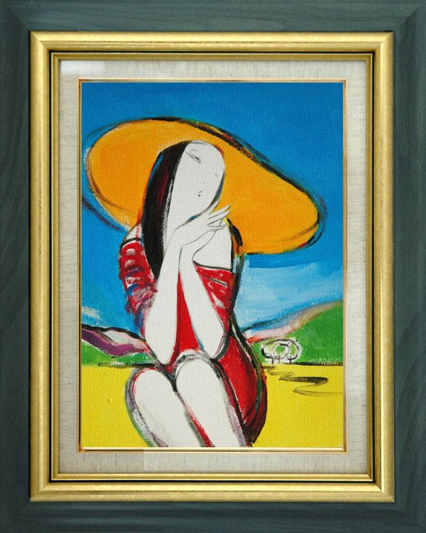 油絵 菅家令子 絵 絵画 インテリア 額付(青緑＋銀) F3-010511 女性