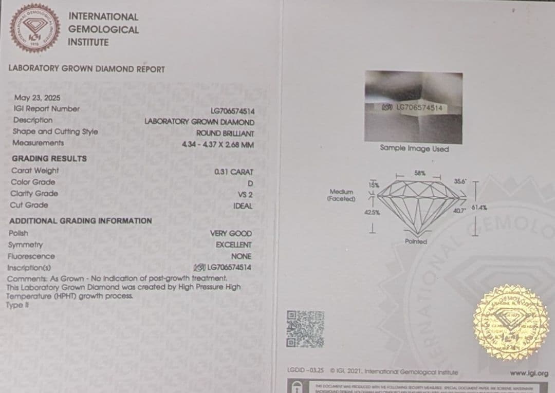0.31ct 4.3mmラウンド ラボグロウンダイヤモンド D VS2 IGI