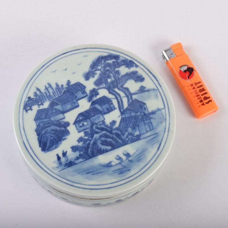 中国 書道具 青花 山水文 式陶硯 V 8477