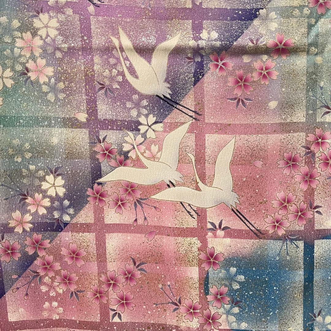 D769 振袖 松本幸四郎 黒地 鶴 桜 正絹 着物 袷 極美