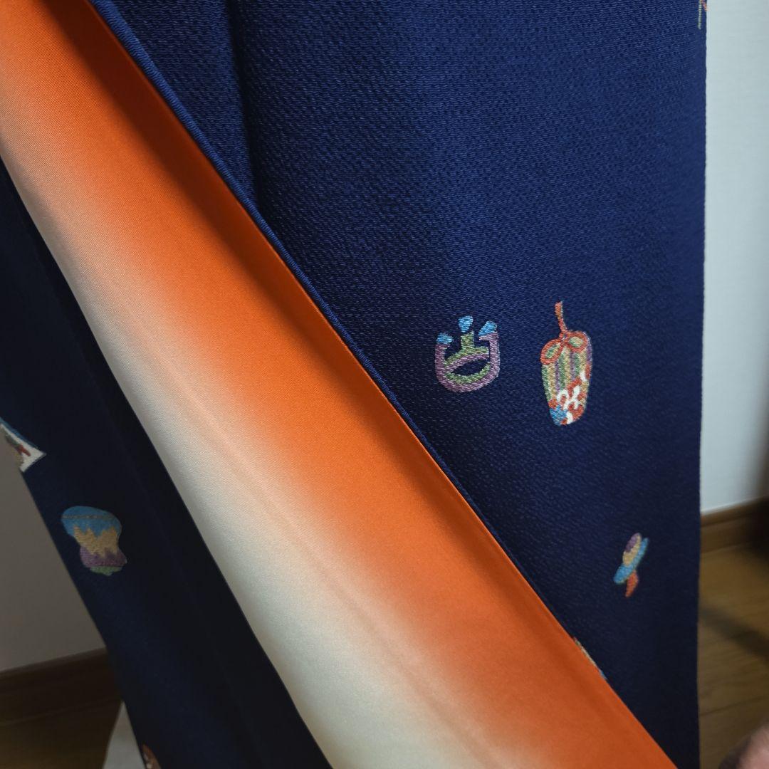 古代ちりめん小紋 紺地 茶道具飛び柄 6611